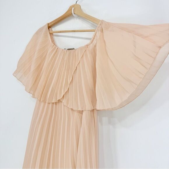 ASOS Nude Blush Pleated Off Shoulder Flowy Midi Dress NEW - Picture 7 of 16